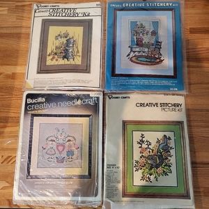 Crewel Kits Bucilla Vogart Pot Belly Stove Hanging Plants Birds Nest Window View